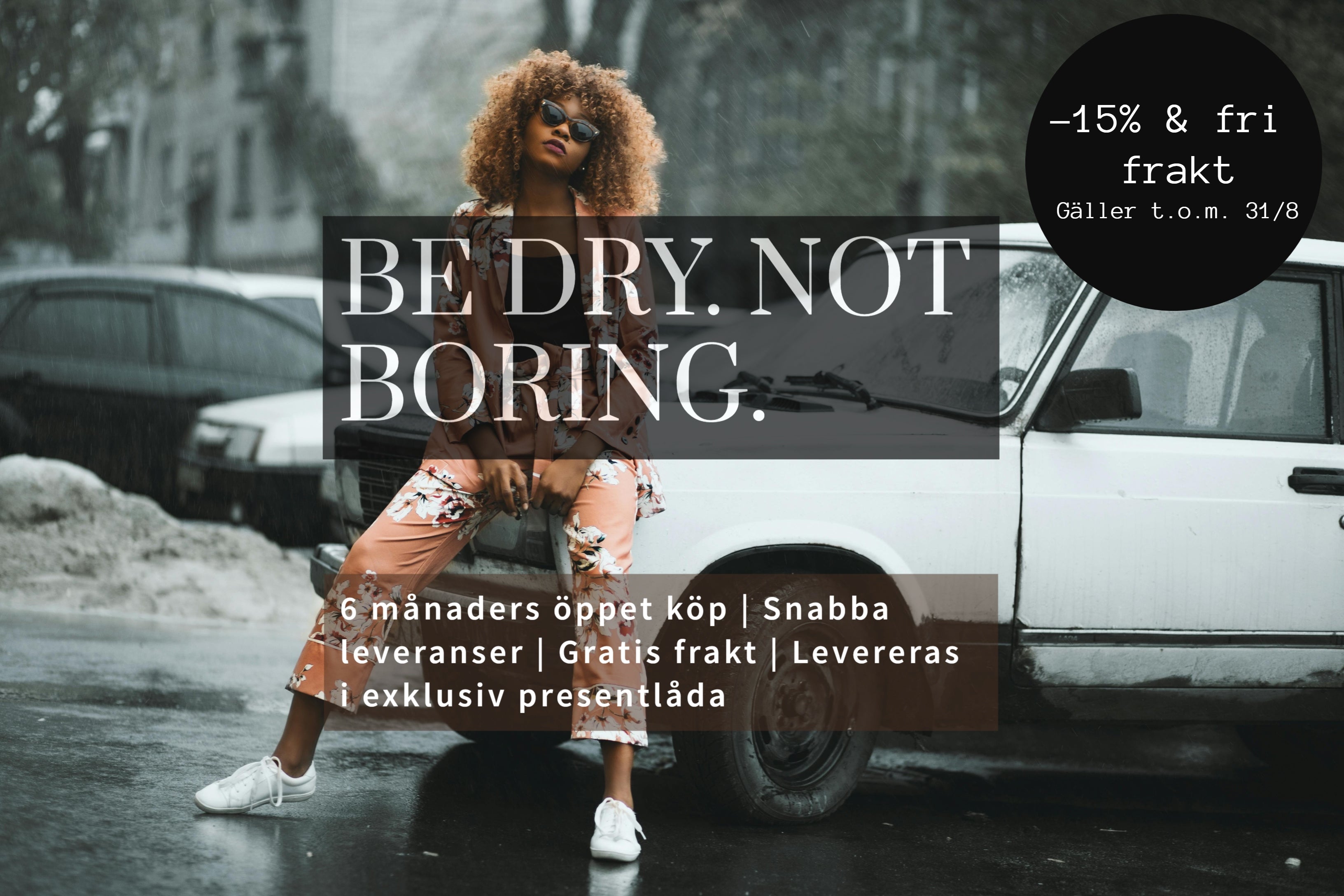 Top Banner för en paraply sida, designbild med tjej som sitter på en bil i regnet